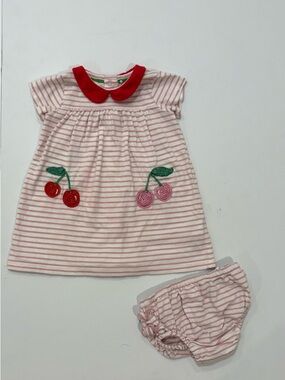 Baby Boden Pink & Red Striped Dress with Cherry Appliqué 9-12Months